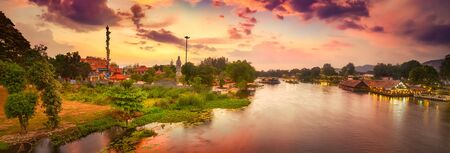 Sunset over Kwai river. View from the railway bridge on the river Kwai, Kanchanaburi, Thailand. Panoramaの写真素材
