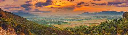 Beautiful landscape view of rice field and mountains at sunset. Panoramaの写真素材