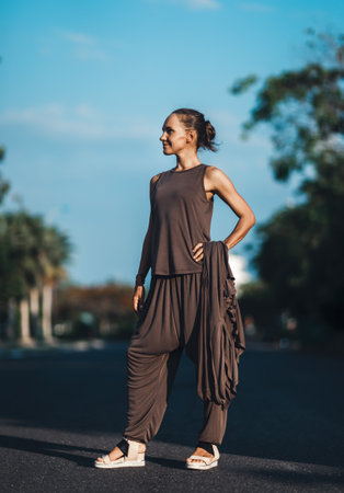 Fashion portrait of a beautiful woman outdoorの写真素材