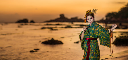 Fine art portrait of european woman in Japanese Geisha style wearing kimono