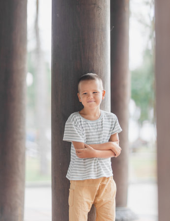 Outdoor portrait of a little cute boyの写真素材