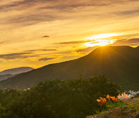 Amazing sunset view over the mountain, Vietnam.の写真素材