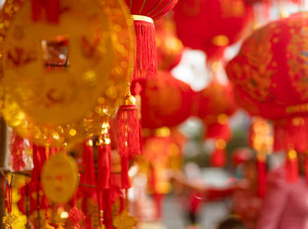 Lunar new year fair market and decorations. Shallow depth of focusの写真素材