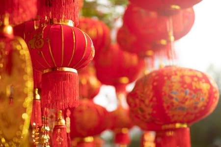 Lunar new year fair market and decorations. Shallow depth of focusの写真素材