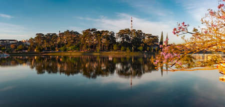 Amazing view of sunrise over Xuan Huong Lake, Dalat, Vietnam. Panoramaの写真素材
