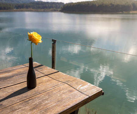 Amazing view of Tuyen Lam Lake, flower on the foreground. Dalat, Vietnamの写真素材