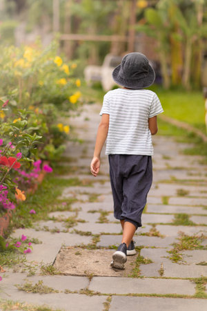 Rear view of a boy walking in a tropical gardenの写真素材