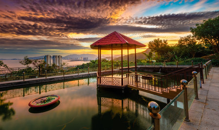 Pavilion on the pond at sunset. nha Trang city on background. Vietnam. Panoramaの写真素材