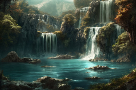 Fantasy landscape with waterfalls at sunset. Generative AIの素材
