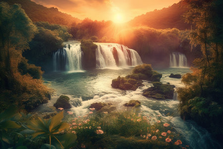 Fantasy landscape with waterfalls at sunset. Generative AIの素材