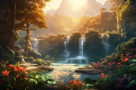Fantasy landscape with waterfalls at sunset. Generative AIの素材
