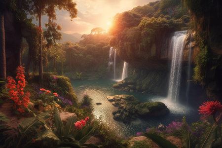 Fantasy landscape with waterfalls at sunset. Generative AIの素材