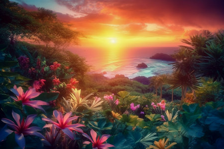 Fantasy seascape at sunset. Generative AIの素材