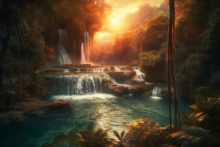 Fantasy landscape with waterfalls at sunset. Generative AIの素材