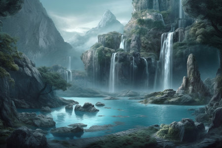 Fantasy landscape with waterfalls at sunset. Generative AIの素材
