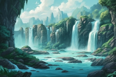 Fantasy landscape with waterfalls at sunset. Generative AIの素材
