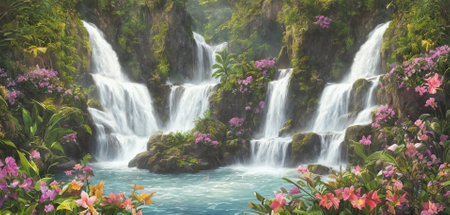 Fantasy landscape with waterfalls, panorama. Generative AIの素材
