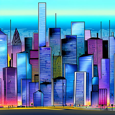 Futuristic cityscape with sleek, metallic buildings . AI Generativeの素材