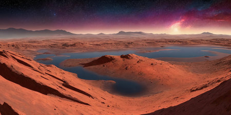 Fantasy planet with lake on foreground . AI Generativeの素材