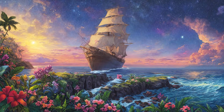Fantasy seascape with ship, panorama. Generative AIの素材