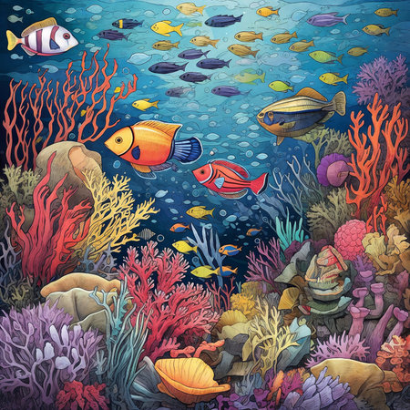 Underwater landscape with coral reef and tropical fishes. Generative AIの素材