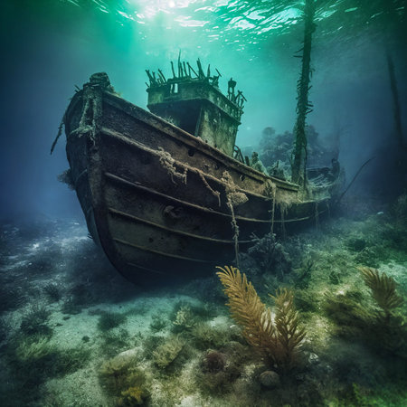 Shipwreck underwater close-up, sunlight through the water. Generative AIの素材