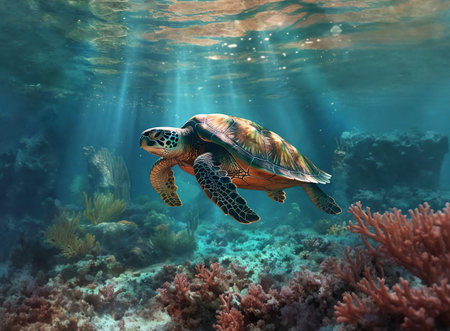 Turtle underwater close-up, sunlight through the water. Generative AIの素材