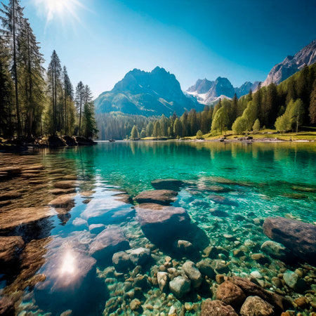 The crystal-clear water of the lake reflects the blue sky above, surrounded by lush greenery and mountains . Generative AIの素材