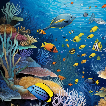 Underwater landscape, coral reef and fishes. Generative AIの素材