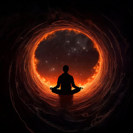 Meditating person silhouette, black hole on background. AI Generativeの素材