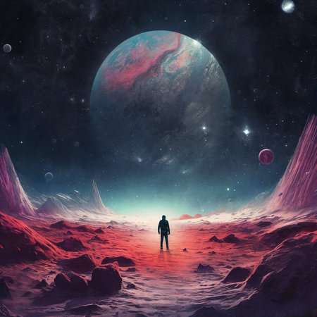 Man exploring fantasy planet, night sky on background. AI Generativeの素材