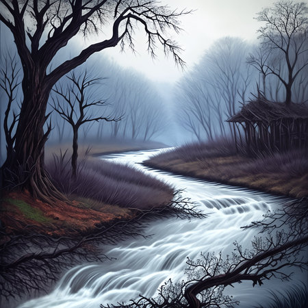 Withered vines, old trees, small bridges and flowing water . AI Generativeの素材
