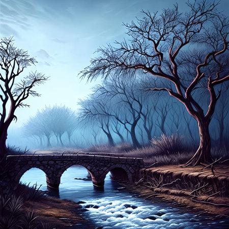 Withered vines, old trees, small bridges and flowing water . AI Generativeの素材