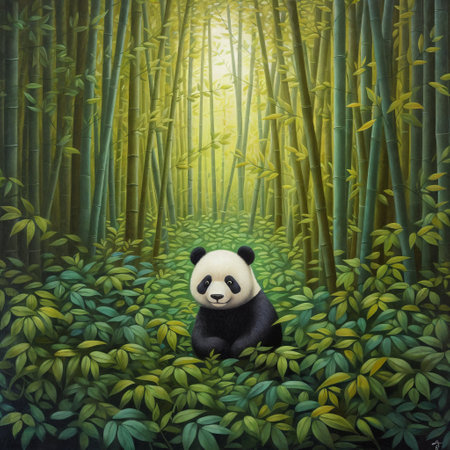 The illustration of a cute and cuddly panda in bamboo forest. AI Generativeの素材