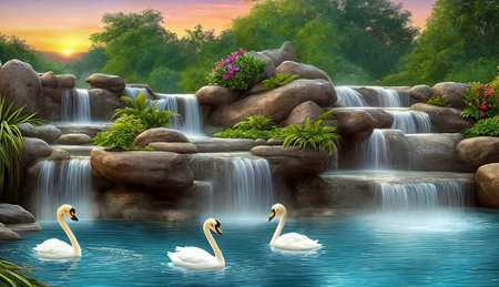 Fantasy landscape with waterfalls, swans on the foreground, panorama. Generative AIの素材
