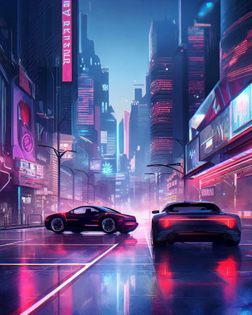 Futuristic cityscape with sleek, metallic buildings and road and cars on foreground. AI Generativeの素材