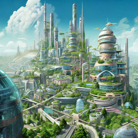 Futuristic cityscape of eco city, modern building surrounded plants. AI Generativeの素材
