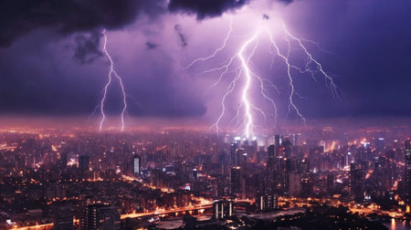 The city skyline is a silhouette against the cloudy dark sky with lightning. Panorama. AI Generativeの素材