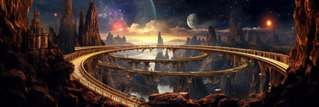 Bridge in the fantasy planet, mountains and night sky with stars and planets on background . AI Generativeの素材
