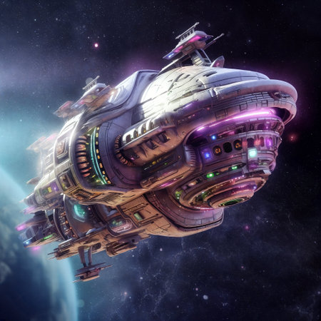 Fantasy spaceship, night sky with stars and planets on background . AI Generativeの素材