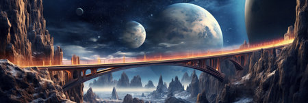 Bridge in the fantasy planet, mountains and night sky with stars and planets on background, panorama. AI Generativeの素材
