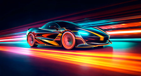 Futuristic fantasy car on highway with neon light. AI Generativeの素材