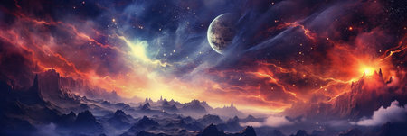 Fantasy planet with surface on foreground, mountains and night sky with stars and planets on background, panorama . AI Generativeの素材