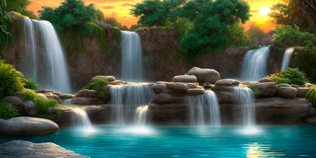 Fantasy landscape with waterfall at sunset, panorama. Generative AIの素材