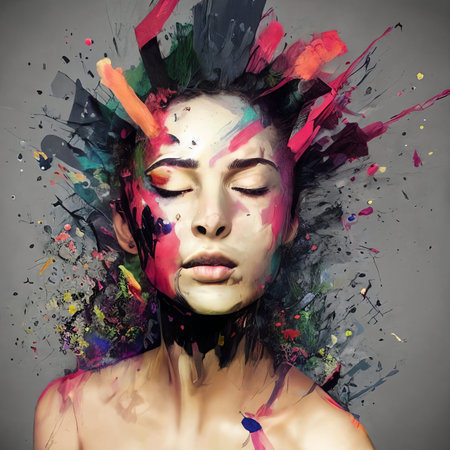 Woman portrait with closed eyes made of paint splashes. . AI Generativeの素材