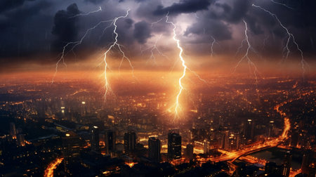The city skyline is a silhouette against the cloudy dark sky with lightning. Panorama. AI Generativeの素材