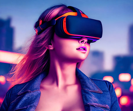 Woman portrait wearing VR glasses. AI Generativeの素材