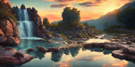 Fantasy landscape with waterfall, panorama. Generative AIの素材