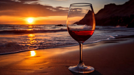 Glass of wine on the beach. Generative AIの素材