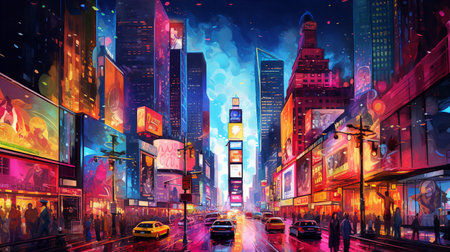 Futuristic cityscape with road and cars on foreground. AI Generativeの素材